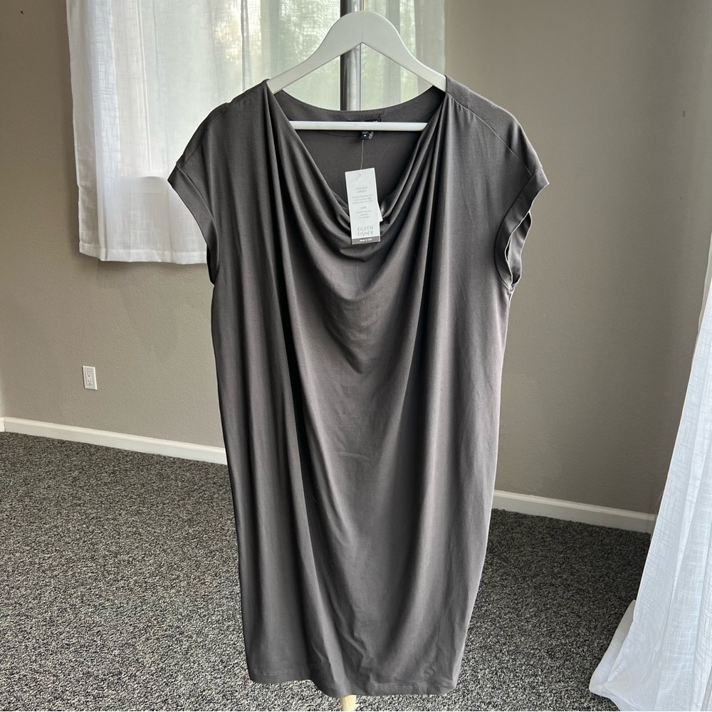 NWT Eileen Fisher Viscose Jersey Elegant Gray Draped Short Dress